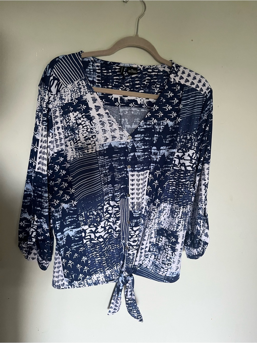new directions Navy & White Abstract Print Tie-Front Blouse